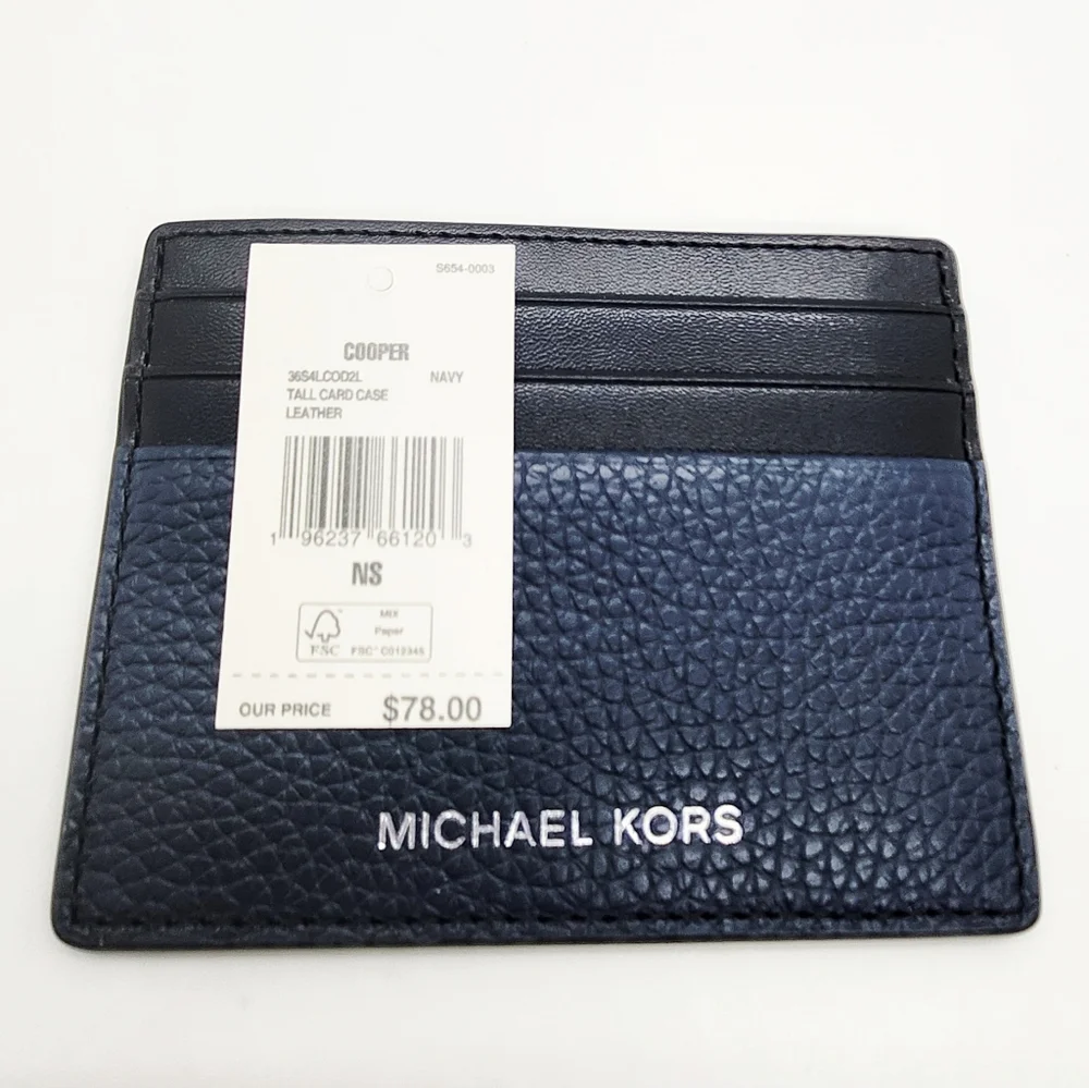 Michael Kors Cooper Pebbled Leather Tall Card Case Navy Blue & Black NWT